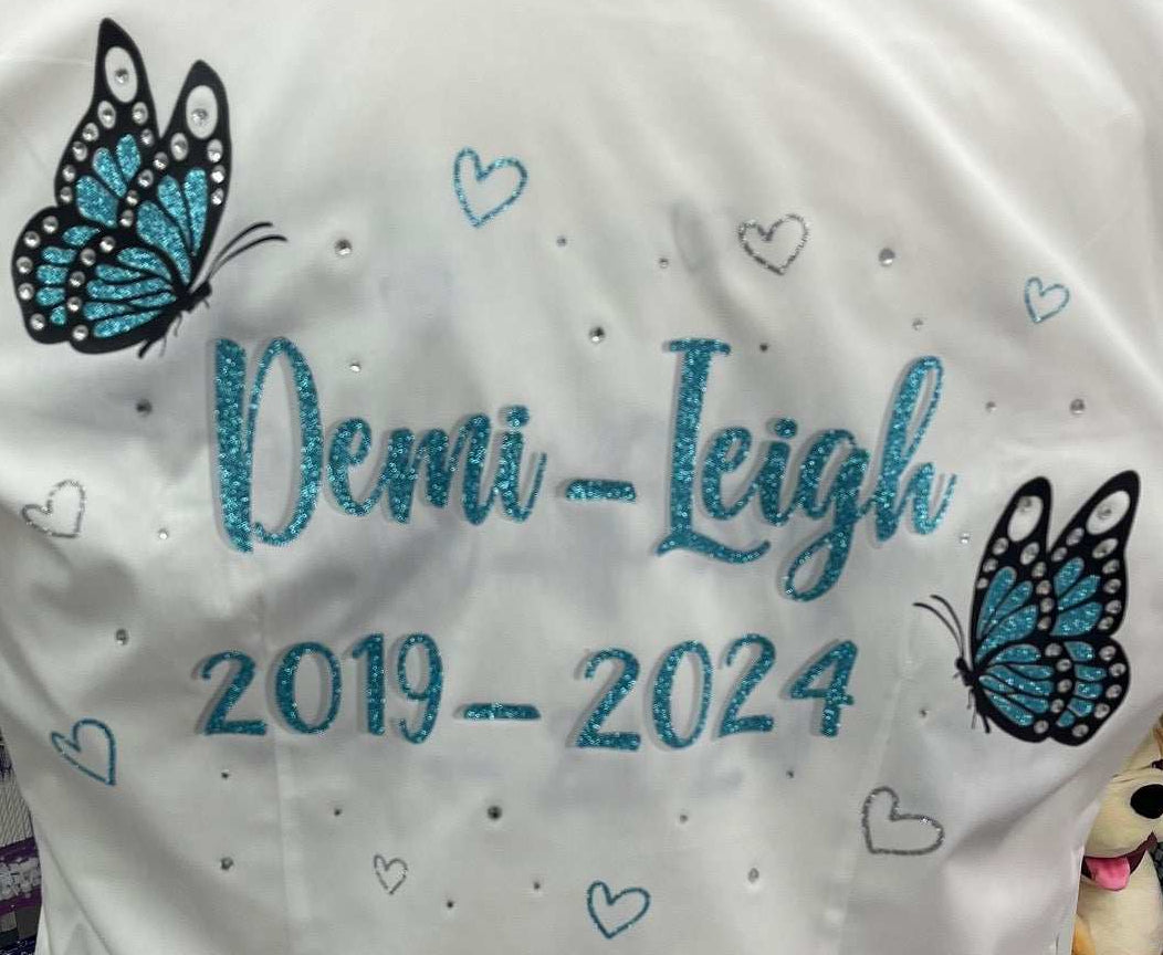 Personalised Glitter & Diamante blue glitter Butterflies & glitter silver and blue Hearts School Leavers Signing Shirts Class of Year 2026.