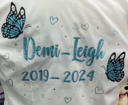 Personalised Glitter & Diamante blue glitter Butterflies & glitter silver and blue Hearts School Leavers Signing Shirts Class of Year 2026.