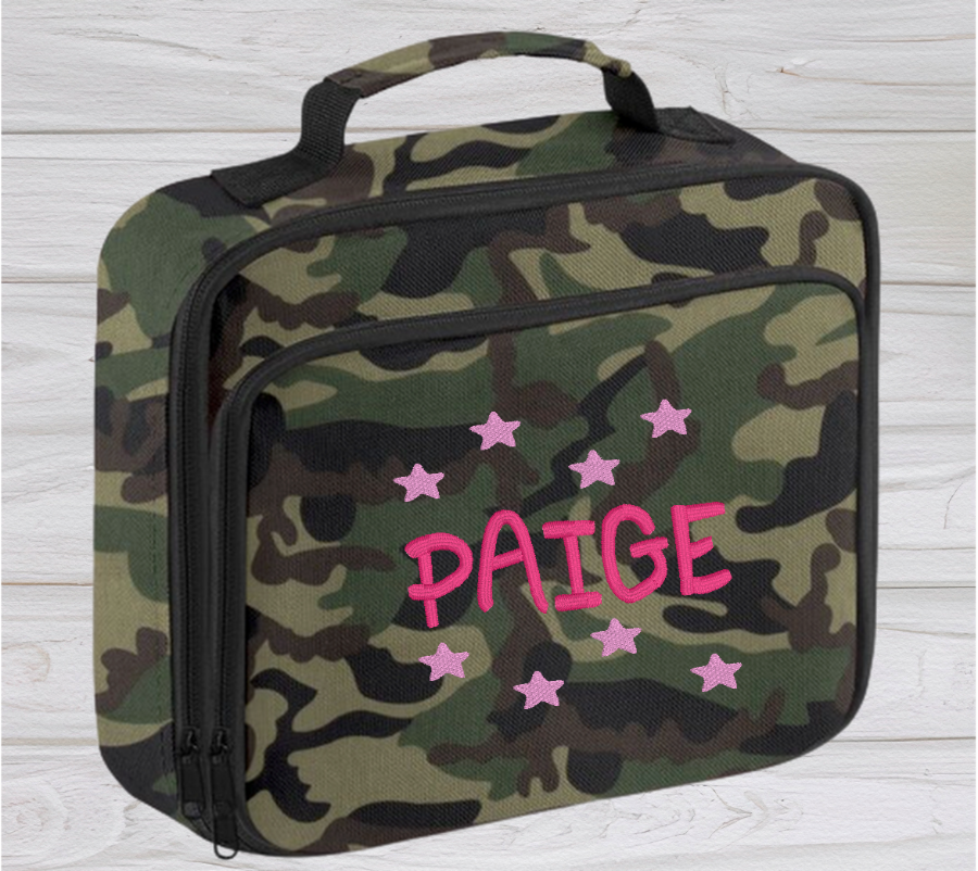 Introducing the ultra-stylish, Personalised Lunch Box Cooler! It's the total package: Zippered front pocket for easy customization. Zippered main compartment. Fully insulated. Wipeable interior. Internal ID label.  Colour - Camouflage Adjustment handle from 7.5cm to 8cm. Reach certified. Dimensions 24 x 20 x 8cm. 3 litres.  Choose between 4 colours - Jet Black, Jungle Camo, Navy Blue, Pretty in Pink!  Personalisation comes complimentary - no extra cost!