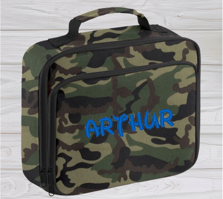 Introducing the ultra-stylish, Personalised Lunch Box Cooler! It's the total package: Zippered front pocket for easy customization. Zippered main compartment. Fully insulated. Wipeable interior. Internal ID label.  Colour - Camouflage Adjustment handle from 7.5cm to 8cm. Reach certified. Dimensions 24 x 20 x 8cm. 3 litres.  Choose between 4 colours - Jet Black, Jungle Camo, Navy Blue, Pretty in Pink!  Personalisation comes complimentary - no extra cost!