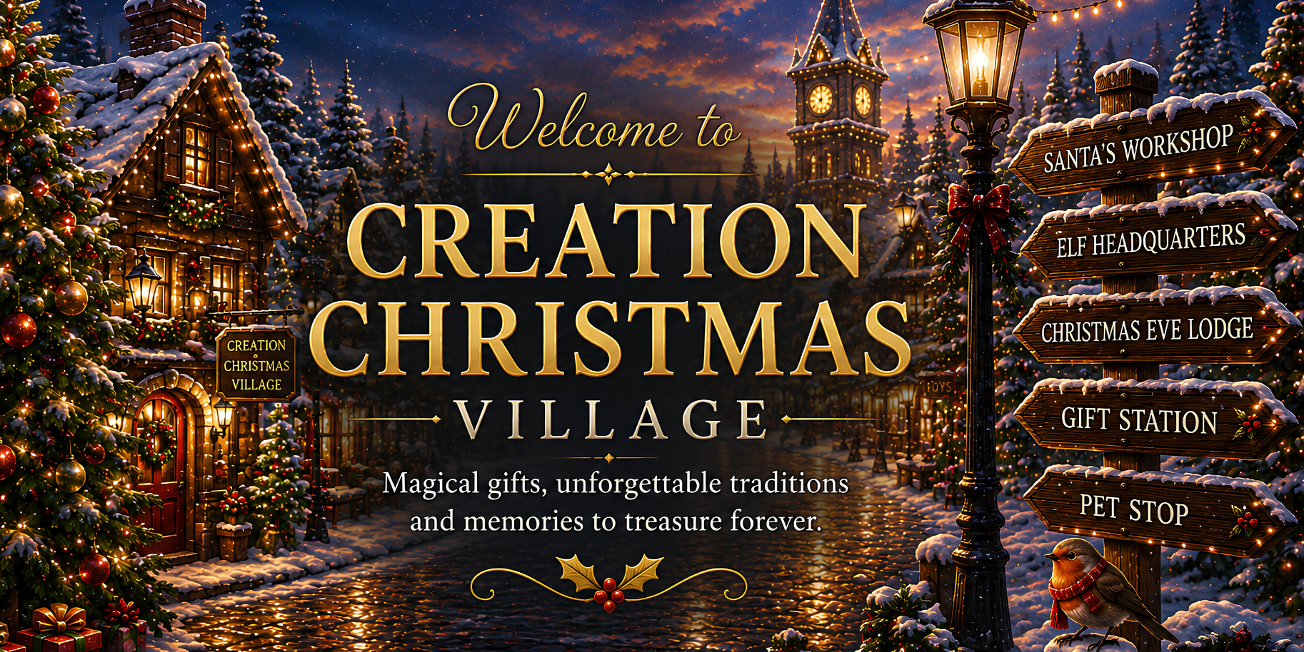 A festive Christmas village scene with snow-covered trees, glowing holiday lights, and large central text reading 'Welcome to Creation Christmas Village.' Side signs mention Santa's Workshop, Elf Headquarters, Christmas Eve Lodge, Gift Station, and Pet Stop.