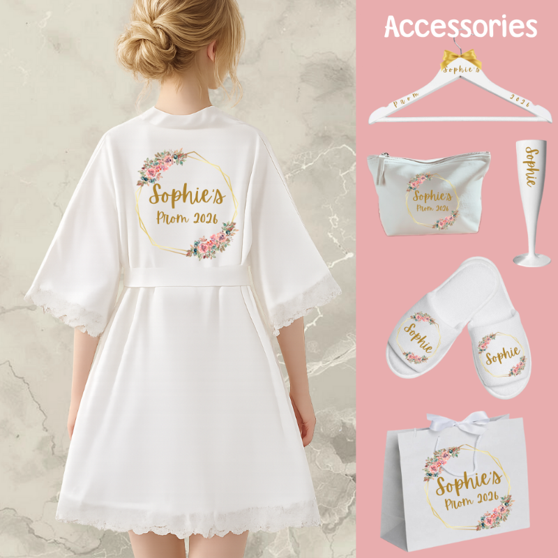 Personalised prom lace robe gift set UK with custom name, satin and lace dressing gown, hanger, makeup bag and slippers