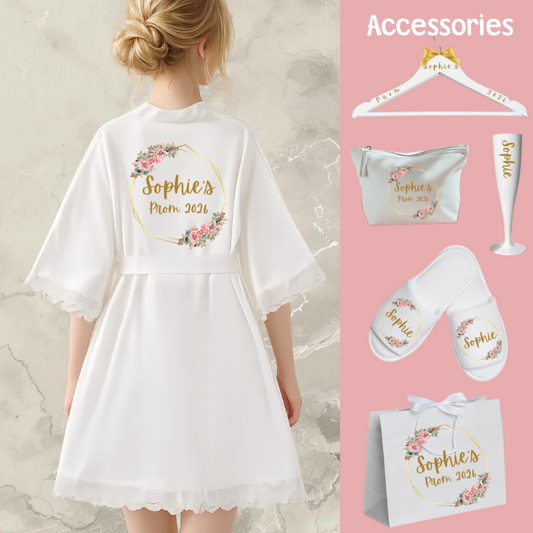 Personalised prom lace robe gift set UK with custom name, satin and lace dressing gown, hanger, makeup bag and slippers