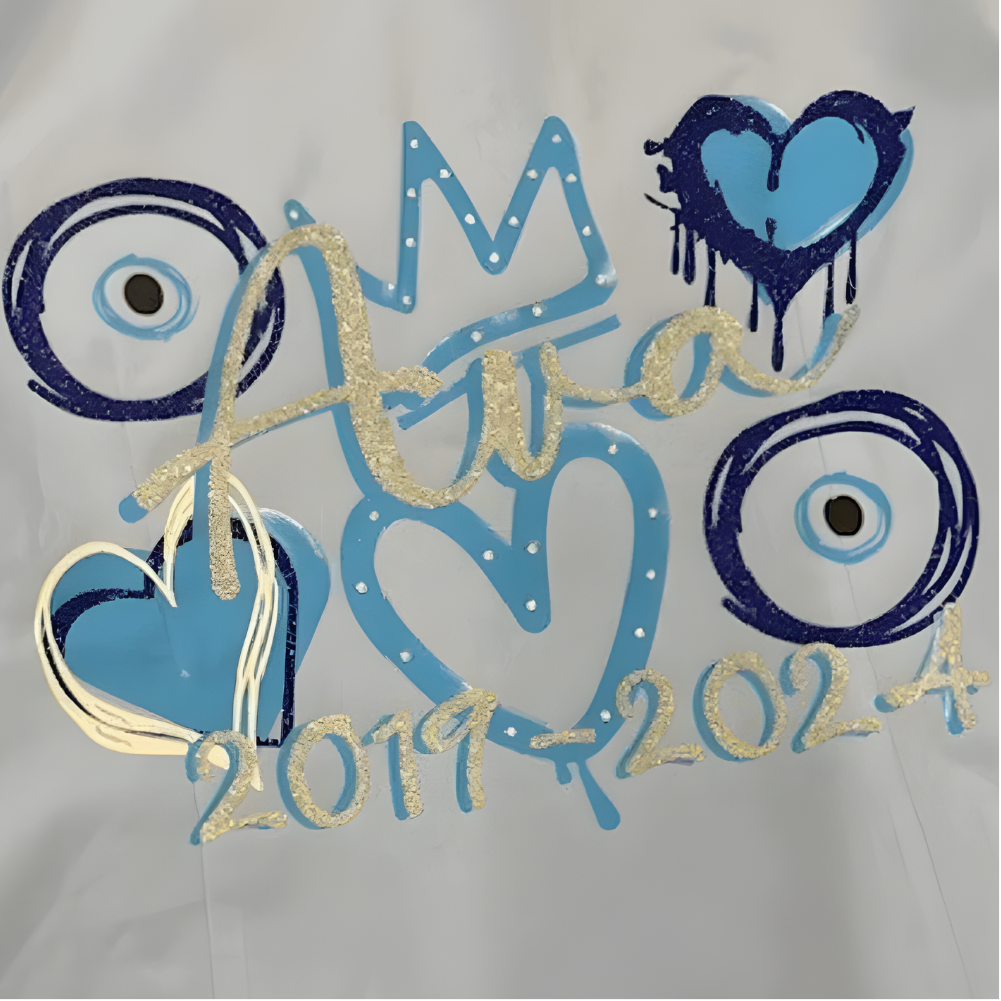 Leavers signing shirt with glitter royal blue and white text and heart designs. Includes evil eyes, crown design with baby blue.