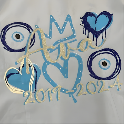 Leavers signing shirt with glitter royal blue and white text and heart designs. Includes evil eyes, crown design with baby blue.