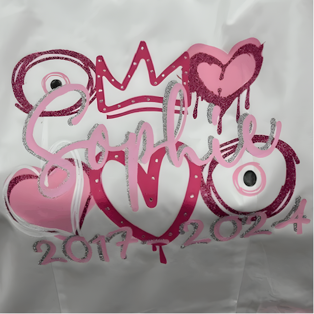 Leavers signing shirt with glitter pink text and heart designs. Includes evil eyes, crown design with baby pink.