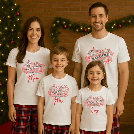 All Aboard the Festive Fun with Our Personalised Polar Express-Inspired Matching Family Pyjamas!

Create magical memories this Christmas with our customisable Matching Christmas PJ Sets, perfect for the whole family. Inspired by the beloved Polar Express, these cosy sets are made from 100% soft cotton for comfort and style all season long.