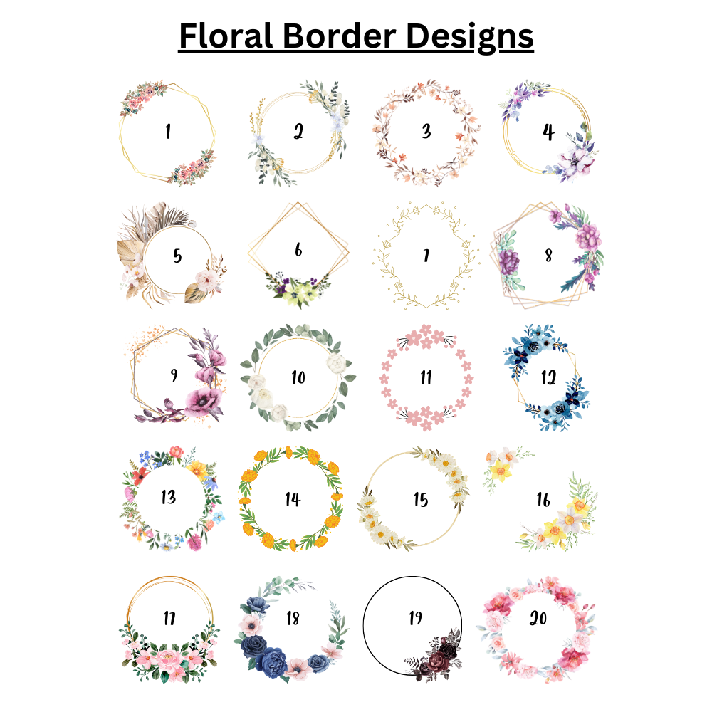 Collection of floral border designs numbered on a white background
