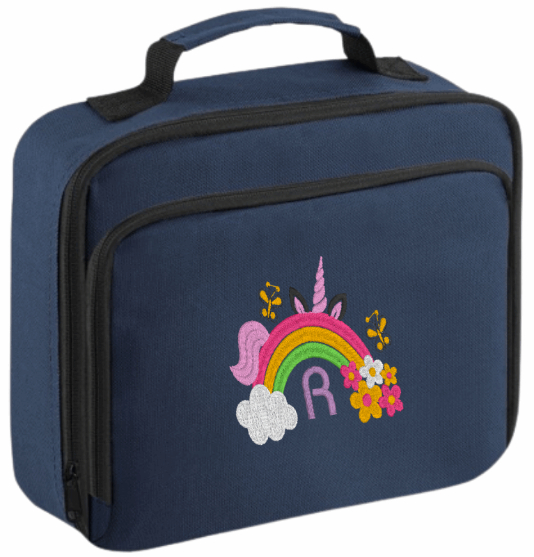 Introducing the ultra-stylish, Personalised Lunch Box Cooler! It's the total package: Zippered front pocket for easy customization. Zippered main compartment. Fully insulated. Wipeable interior. Internal ID label.

Embroidery Personalisation comes complimentary - no extra cost!

Featuring a fun choice of Unicorn Rainbow Design.
