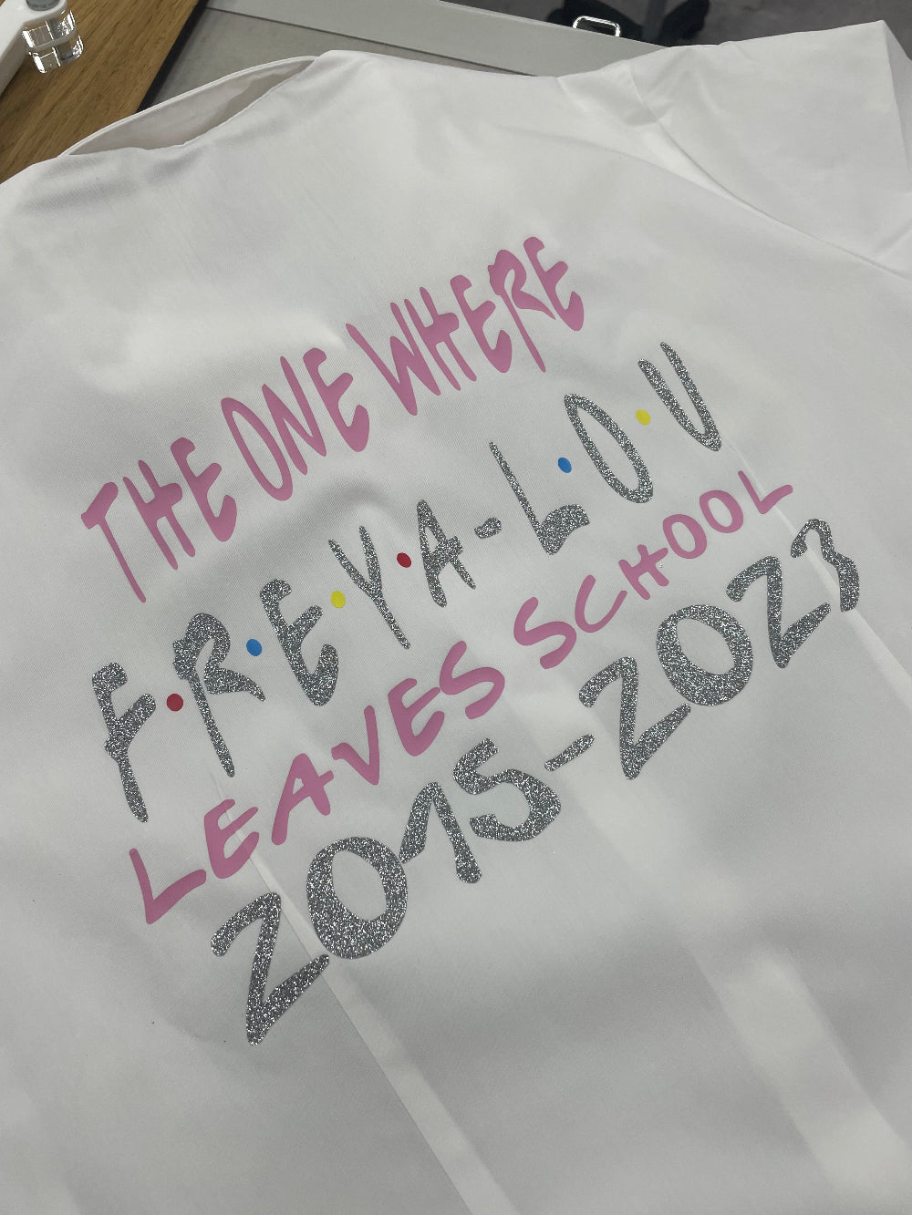 Friends inspired leavers shirt for school leavers in pink with glitter silver