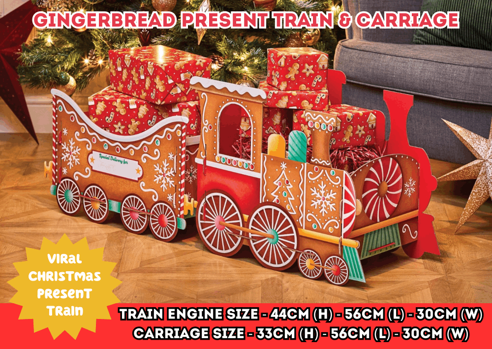 Gingerbread Christmas Train &amp; Carriage Gift Holder – Create festive magic with this 3D train-style gift holder featuring an engine and carriage sections, perfect for storing Christmas presents, sweets, or toys. Measuring approx. 89cm (L) x 30cm (W) x 44cm (H), it’s a standout Christmas display.