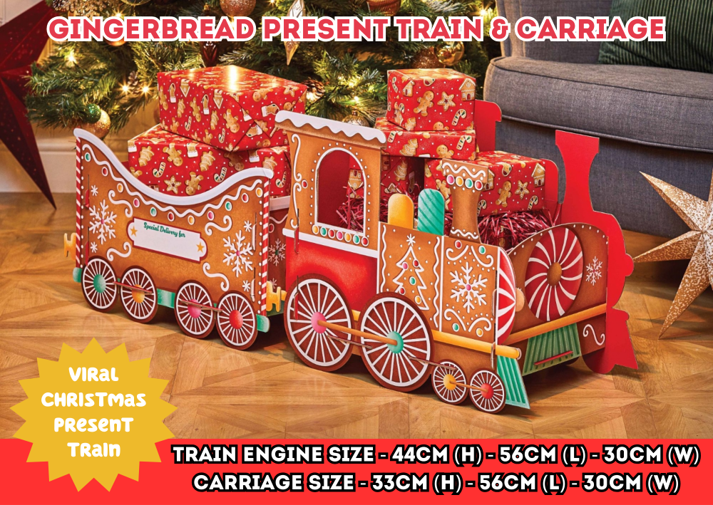 Gingerbread Christmas Train &amp; Carriage Gift Holder – Create festive magic with this 3D train-style gift holder featuring an engine and carriage sections, perfect for storing Christmas presents, sweets, or toys. Measuring approx. 89cm (L) x 30cm (W) x 44cm (H), it’s a standout Christmas display.