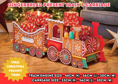 Gingerbread Christmas Train &amp; Carriage Gift Holder – Create festive magic with this 3D train-style gift holder featuring an engine and carriage sections, perfect for storing Christmas presents, sweets, or toys. Measuring approx. 89cm (L) x 30cm (W) x 44cm (H), it’s a standout Christmas display.