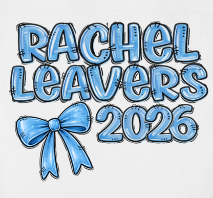 White shirt with 'Rachel Leavers 2026' text and blue bow design on a white background