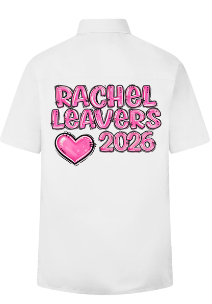 White shirt with 'Rachel Leavers 2026' text and pink heart on a white leavers signing shirt.