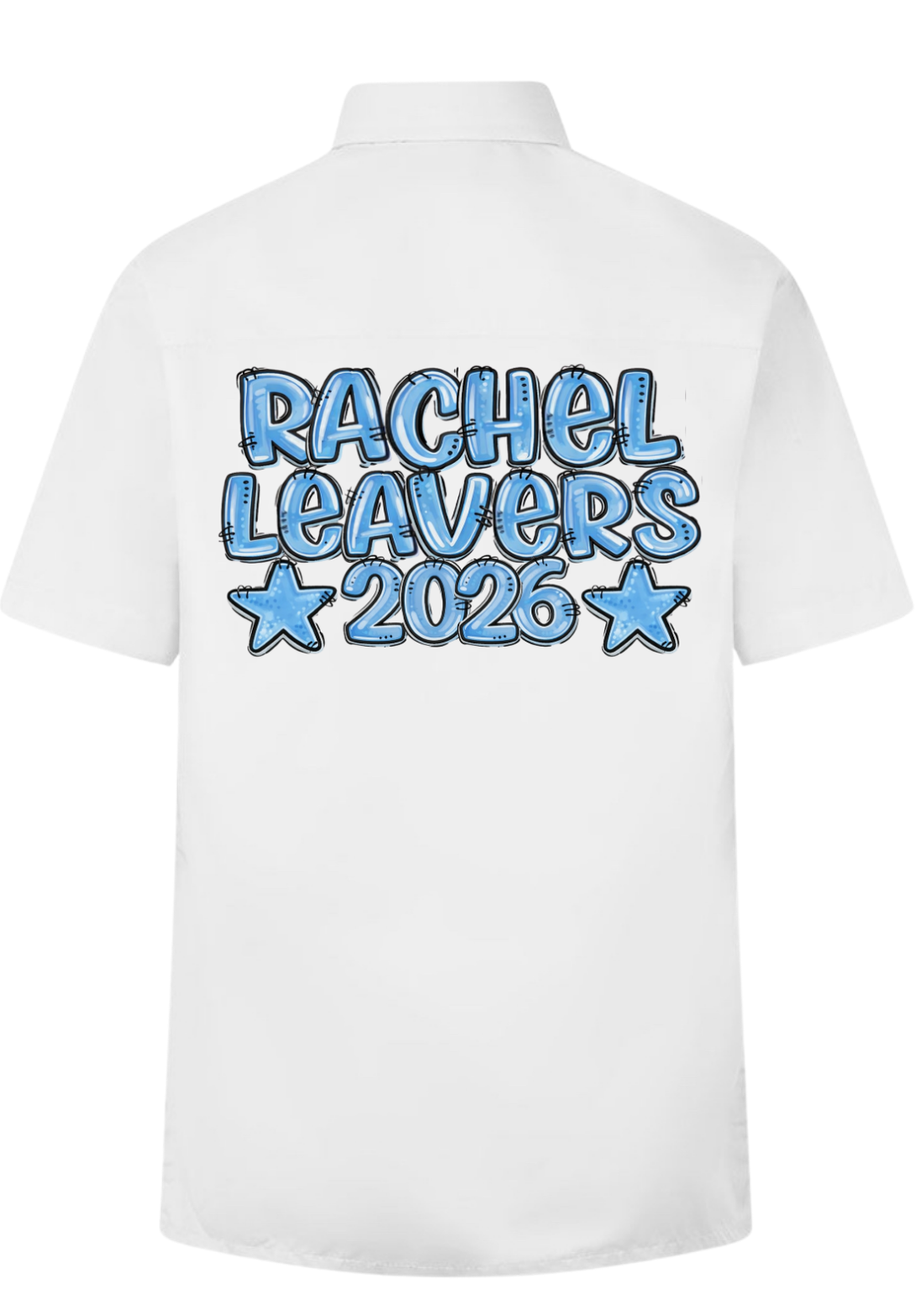 White shirt with 'Rachel Leavers 2026' text and star designs on a white leavers school signing shirt