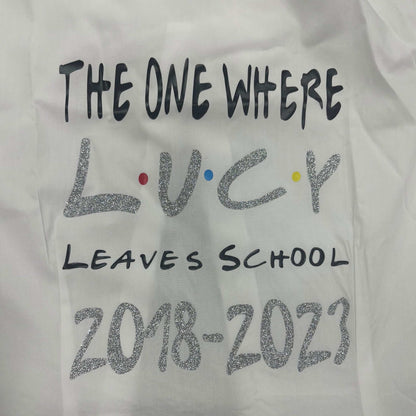 Make your last day of school one for the books with our Personalised Glitter Friends Leavers Signing Shirts for Class of 2025 kids. Capture memories of your amazing time at school with this beautiful keepsake. Our Glitter Friends Themed Design - The One Where Leaves School - is here to make it a fun and colorful farewell. Don't be afraid to shake things up and choose your own colors too (as long as they're available, of course)!