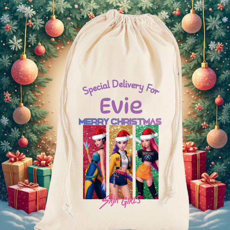 Our Personalised Premium Cotton K-Pop Demon Hunters Saja Girls Themed Christmas Sack is the perfect way to surprise your little one this festive season. Beautifully designed with a K-Pop Demon Hunters theme, each sack can be customised with any name, making it a keepsake they’ll treasure year after year.