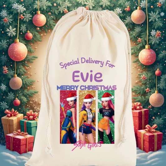 Our Personalised Premium Cotton K-Pop Demon Hunters Saja Girls Themed Christmas Sack is the perfect way to surprise your little one this festive season. Beautifully designed with a K-Pop Demon Hunters theme, each sack can be customised with any name, making it a keepsake they’ll treasure year after year.