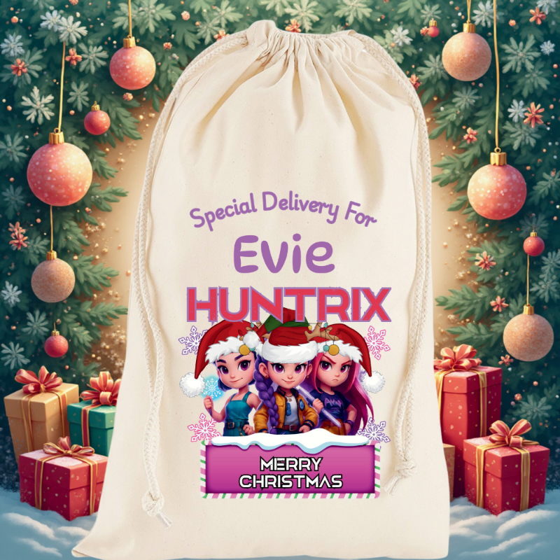 Our Personalised Premium Cotton K-Pop Demon Hunters Saja Girls Themed Christmas Sack is the perfect way to surprise your little one this festive season. Beautifully designed with a K-Pop Demon Hunters theme, each sack can be customised with any name, making it a keepsake they’ll treasure year after year.