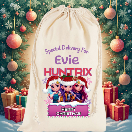 Our Personalised Premium Cotton K-Pop Demon Hunters Saja Girls Themed Christmas Sack is the perfect way to surprise your little one this festive season. Beautifully designed with a K-Pop Demon Hunters theme, each sack can be customised with any name, making it a keepsake they’ll treasure year after year.