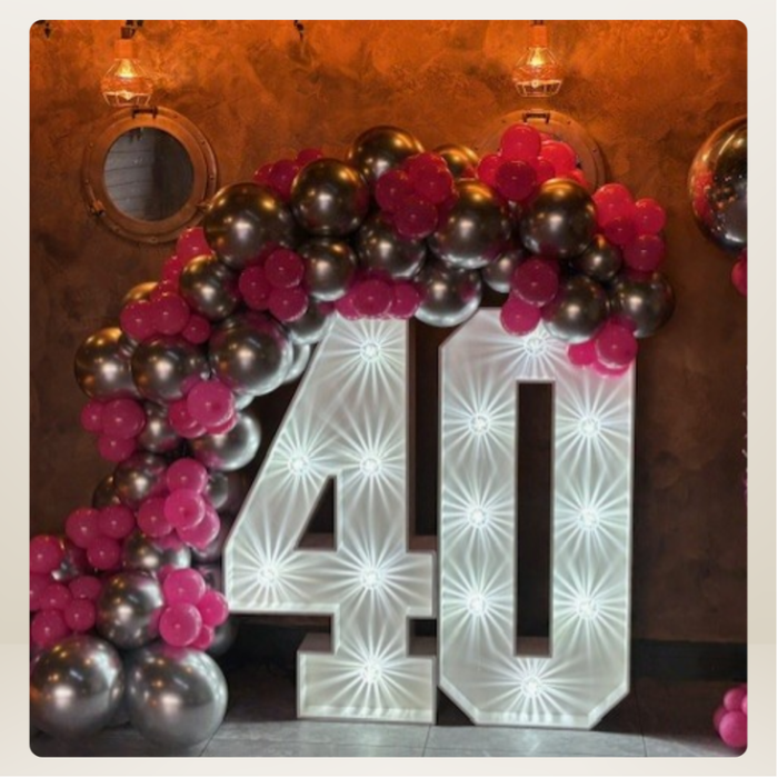Decorative setup with balloons and a large illuminated number '40' on a metallic background in Birkdale, Merseyside