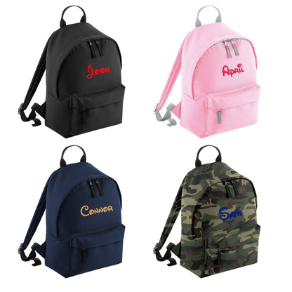 Personalised mini rucksack, backpack . Jet Black, Jungle Camo, Navy Blue, Pretty in Pink!  Personalisation embroidery comes complimentary