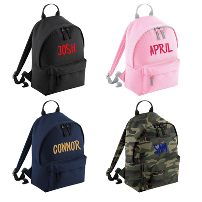 Personalised mini rucksack, backpack . Jet Black, Jungle Camo, Navy Blue, Pretty in Pink!  Personalisation embroidery comes complimentary