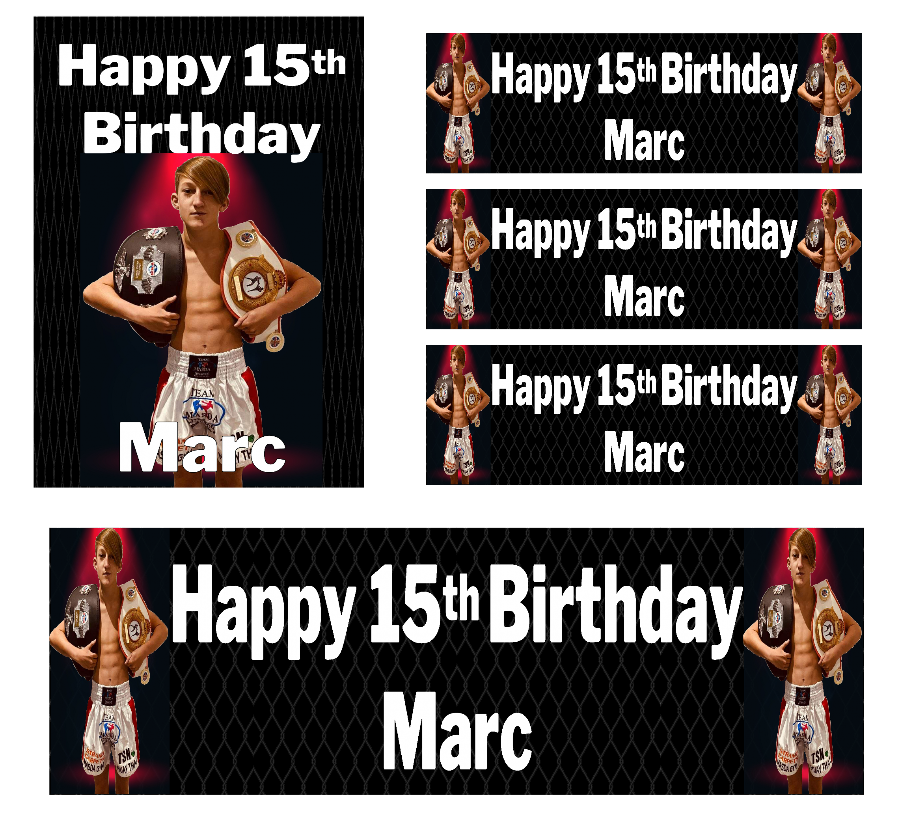 Personalised birthday banners and posters themed around MMA.  MMA themed birthday posters and banners which can include photos. Hang some extras too! Let your guests have their own championship photo ops on the night of your big event.