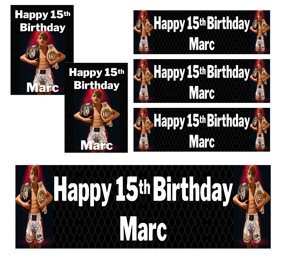 Personalised birthday banners and posters themed around MMA.  MMA themed birthday posters and banners which can include photos. Hang some extras too! Let your guests have their own championship photo ops on the night of your big event.