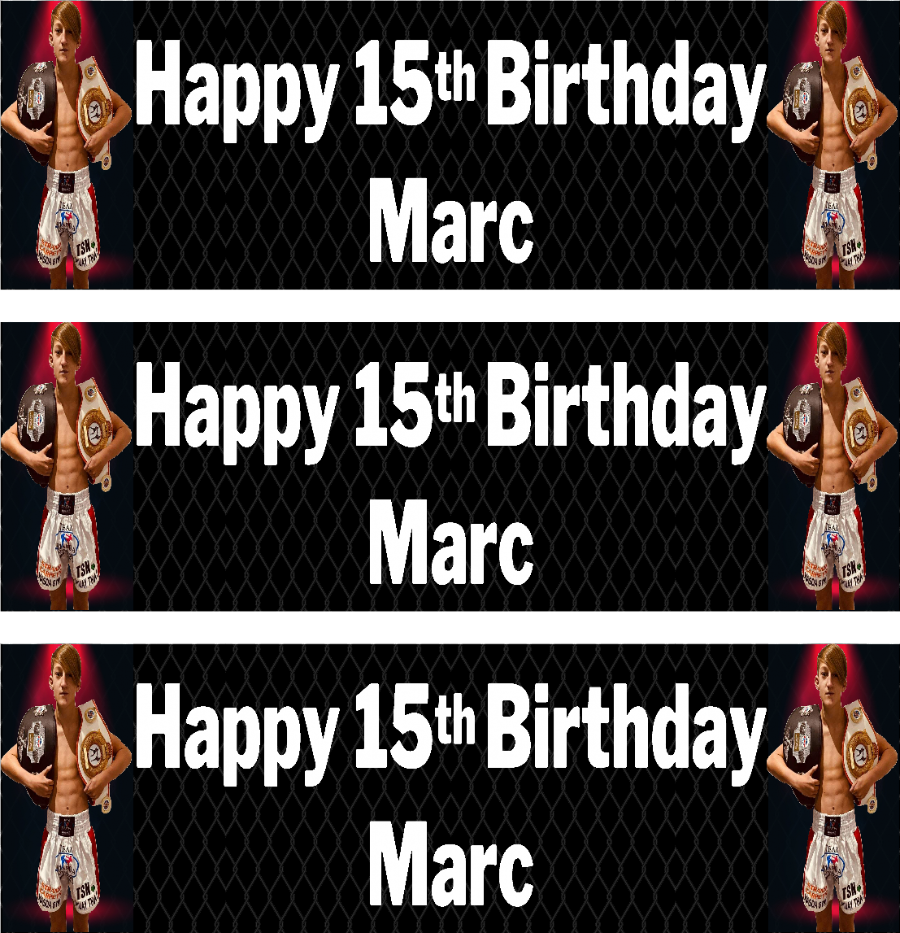Personalised birthday banners and posters themed around MMA.  MMA themed birthday posters and banners which can include photos. Hang some extras too! Let your guests have their own championship photo ops on the night of your big event.
