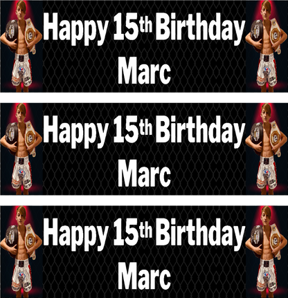 Personalised birthday banners and posters themed around MMA.  MMA themed birthday posters and banners which can include photos. Hang some extras too! Let your guests have their own championship photo ops on the night of your big event.