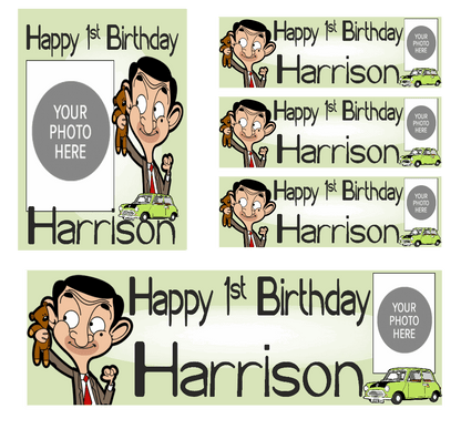 Personalised photo birthday banners and posters themed around Mr. Bean.  Mr. Bean themed birthday posters and banners which can include photos. It's like having your own Mr. Bean-themed personal paparazzi! Capture all your hilarious moments with customized banners and posters. (Perfect for social media and future blackmail material.)