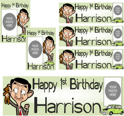 Personalised photo birthday banners and posters themed around Mr. Bean.  Mr. Bean themed birthday posters and banners which can include photos. It's like having your own Mr. Bean-themed personal paparazzi! Capture all your hilarious moments with customized banners and posters. (Perfect for social media and future blackmail material.)