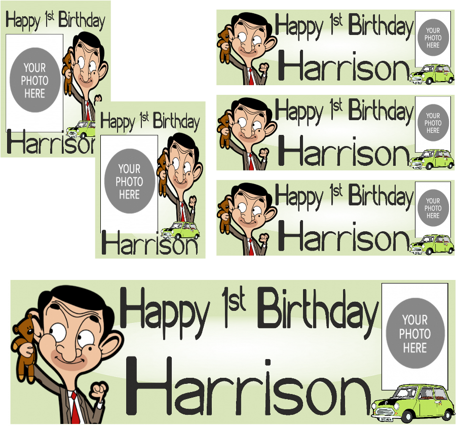 Personalised photo birthday banners and posters themed around Mr. Bean.  Mr. Bean themed birthday posters and banners which can include photos. It's like having your own Mr. Bean-themed personal paparazzi! Capture all your hilarious moments with customized banners and posters. (Perfect for social media and future blackmail material.)