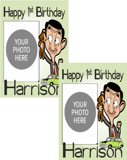 Personalised photo birthday banners and posters themed around Mr. Bean.  Mr. Bean themed birthday posters and banners which can include photos. It's like having your own Mr. Bean-themed personal paparazzi! Capture all your hilarious moments with customized banners and posters. (Perfect for social media and future blackmail material.)