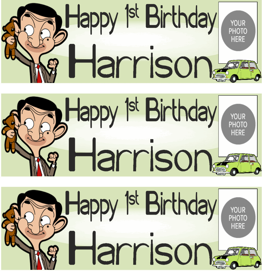 Personalised photo birthday banners and posters themed around Mr. Bean.  Mr. Bean themed birthday posters and banners which can include photos. It's like having your own Mr. Bean-themed personal paparazzi! Capture all your hilarious moments with customized banners and posters. (Perfect for social media and future blackmail material.)