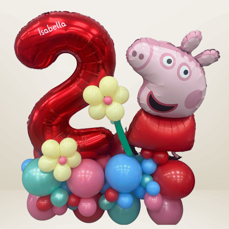 Peppa Pig themed balloon marquee/stack which has bbee personalised. 