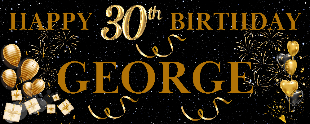 A black and gold themed birthday banner with the text HAPPY 30th BIRTHDAY and decorative elements such as balloons and confetti