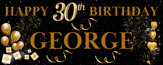 A black and gold themed birthday banner with the text HAPPY 30th BIRTHDAY and decorative elements such as balloons and confetti