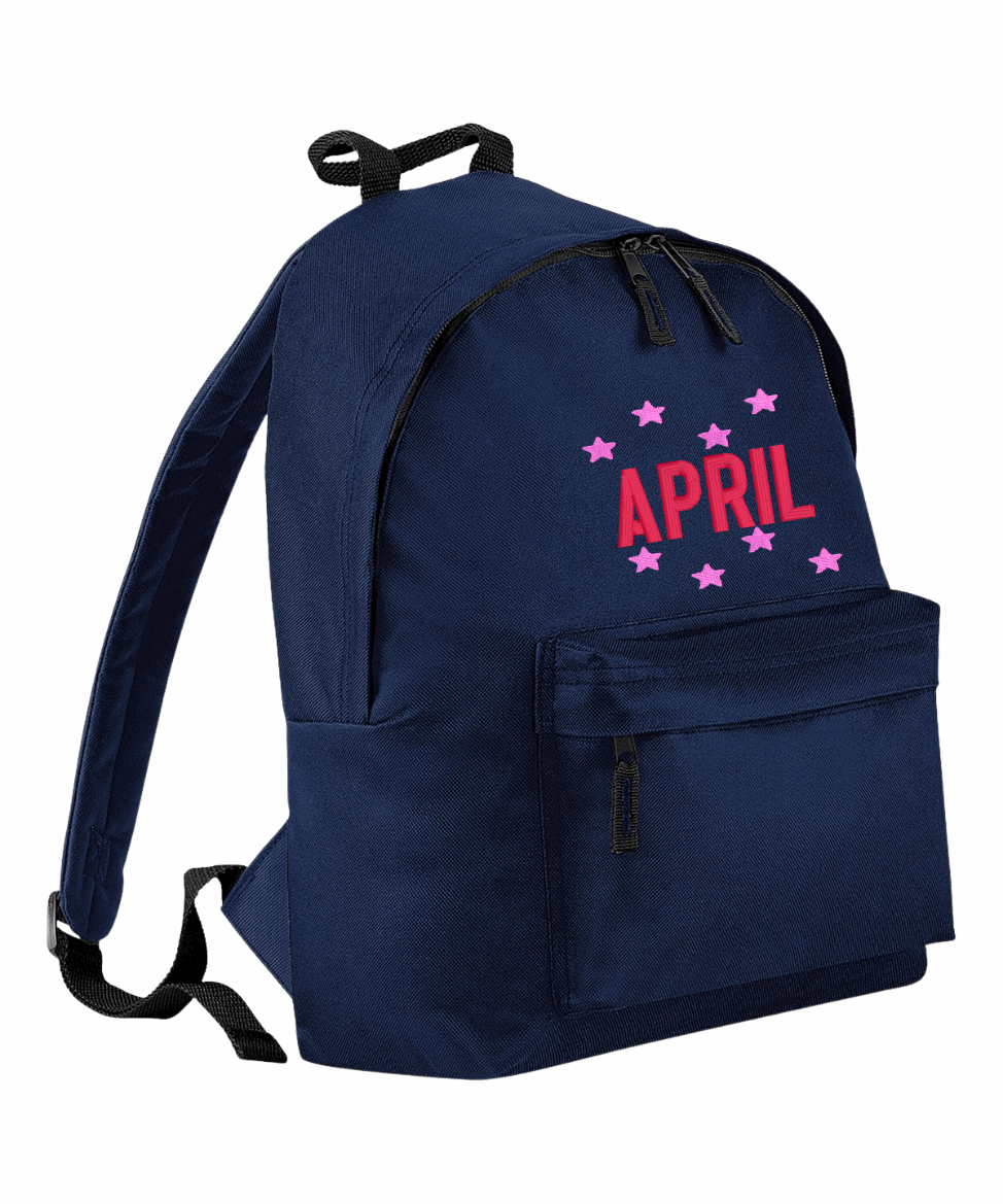 Introducing the fabulously fashionable, junior-sized Personalised Embroidery Junior School Backpack! It's got it all: a nifty zippered front pocket, extra-cushy back panel and adjustable shoulder straps, plus a handy grab handle to boot!

Embroidery Stars Around &amp; Name design with a choices of font designs and colour.

Choose between 9 colours - Jet Black, Jungle Camo, Navy Blue, Pink, Sky Blue, Purple, Burgundy, Royal Blue &amp; Bottle Green.