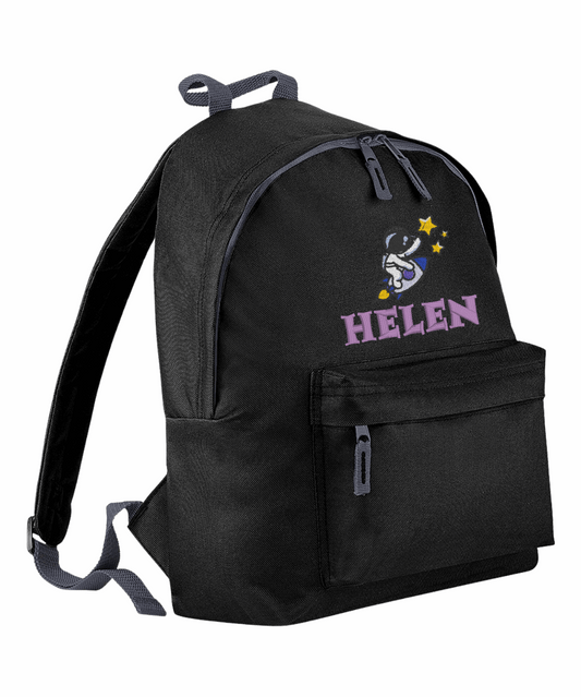 Introducing the fabulously fashionable, junior-sized Personalised Embroidery Junior School Backpack! It's got it all: a nifty zippered front pocket, extra-cushy back panel and adjustable shoulder straps, plus a handy grab handle to boot!

Embroidery Astronaut & Initial design with a choices of font designs and colour.

Choose between 9 colours - Jet Black, Jungle Camo, Navy Blue, Pink, Sky Blue, Purple, Burgundy, Royal Blue & Bottle Green.