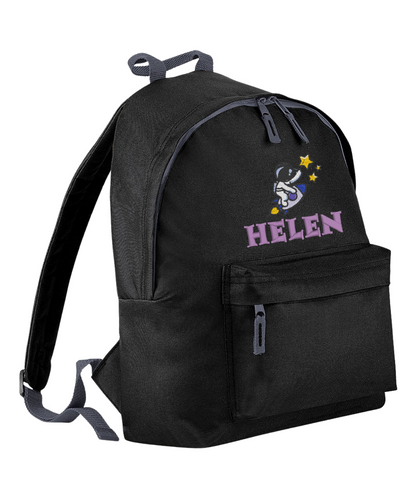 Introducing the fabulously fashionable, junior-sized Personalised Embroidery Junior School Backpack! It's got it all: a nifty zippered front pocket, extra-cushy back panel and adjustable shoulder straps, plus a handy grab handle to boot!

Embroidery Astronaut & Initial design with a choices of font designs and colour.

Choose between 9 colours - Jet Black, Jungle Camo, Navy Blue, Pink, Sky Blue, Purple, Burgundy, Royal Blue & Bottle Green.