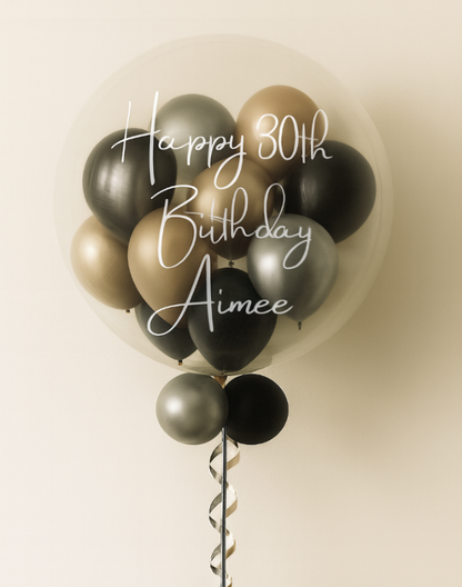 Personalised helium filled Bubble balloon with little balloons inside black, gold and silver