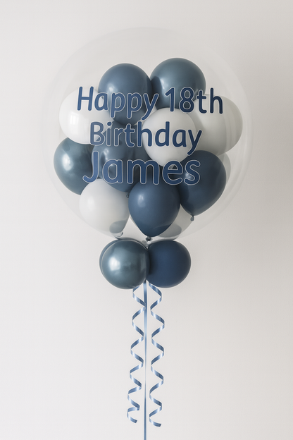 Personalised helium filled Bubble balloon with little balloons inside Navy Blue, White & metallic Blue