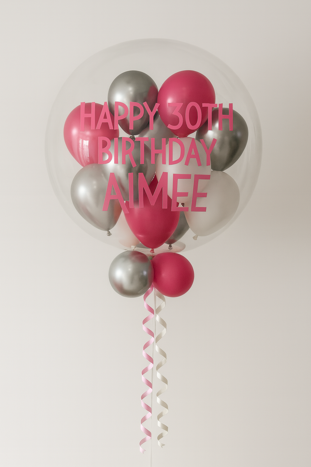 Personalised helium filled Bubble balloon with little balloons inside Pink, White & Silver