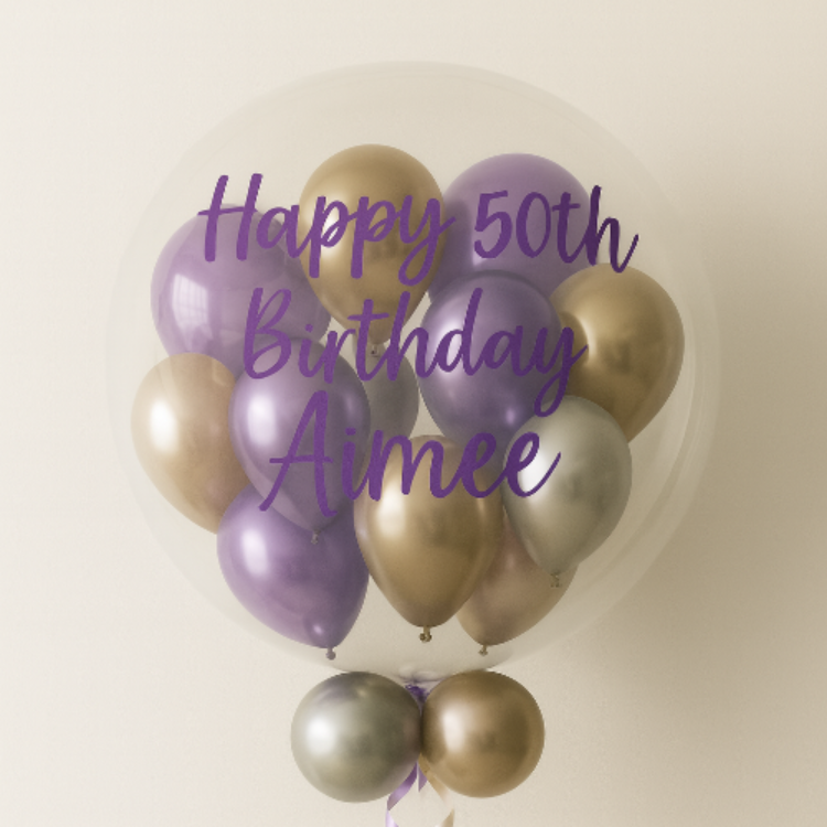 Personalised bubble balloon with a variety of colours including purple, lilac and gold