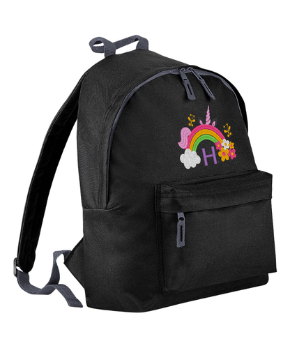 Introducing the fabulously fashionable, junior-sized Personalised Embroidery Junior School Backpack! It's got it all: a nifty zippered front pocket, extra-cushy back panel and adjustable shoulder straps, plus a handy grab handle to boot!

Embroidery Rainbow Unicorn & Initial design with a choices of font designs and colour.

Choose between 9 colours - Jet Black, Jungle Camo, Navy Blue, Pink, Sky Blue, Purple, Burgundy, Royal Blue & Bottle Green.