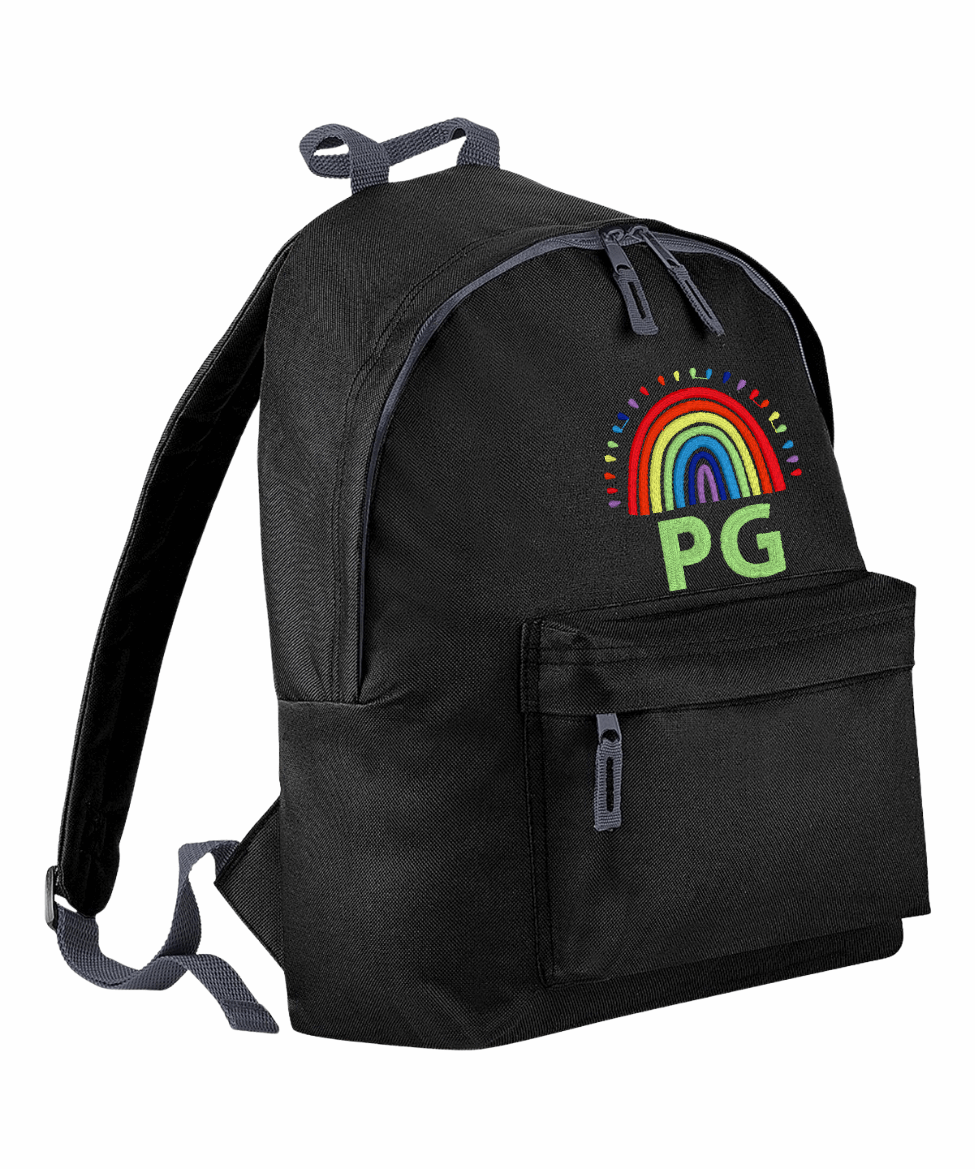 Introducing the fabulously fashionable, junior-sized Personalised Embroidery Junior School Backpack! It's got it all: a nifty zippered front pocket, extra-cushy back panel and adjustable shoulder straps, plus a handy grab handle to boot!

Embroidery Rainbow & Initials design with a choices of font designs and colour.

Choose between 9 colours - Jet Black, Jungle Camo, Navy Blue, Pink, Sky Blue, Purple, Burgundy, Royal Blue & Bottle Green.