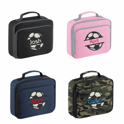 Four insulated lunch bags in black, pink, blue, and camouflage with soccer ball designs and names.